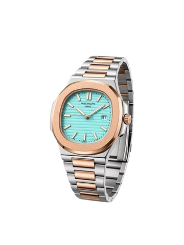 URBAN.MEENA Patek Philippe Nautilus watch with a turquoise dial, rose gold bezel, and two-tone stainless steel band.