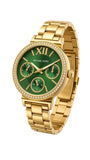 URBAN.MEENA MICHAEL KORS women's watch with a gold stainless steel chain, green round dial, and crystal-set bezel.