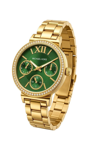 URBAN.MEENA MICHAEL KORS women's watch with a gold stainless steel chain, green round dial, and crystal-set bezel.